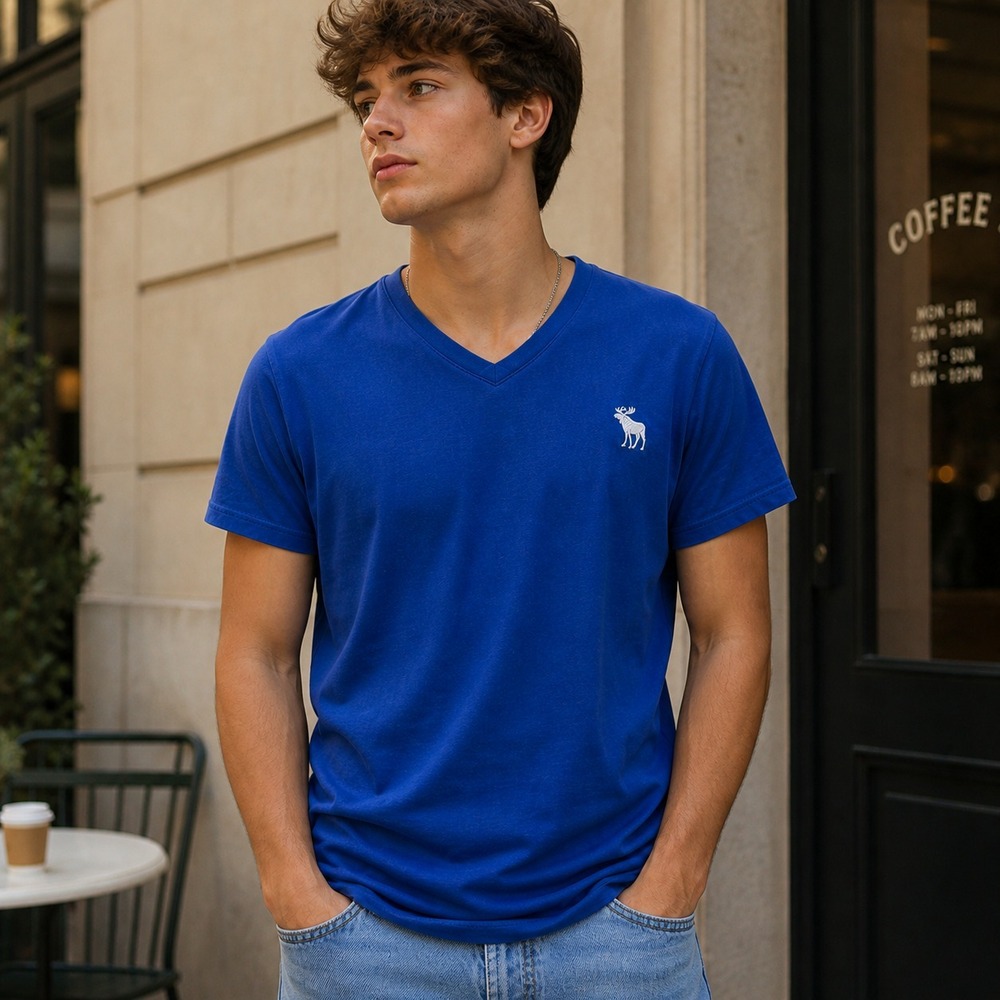Abercrombie and Fitch Mens V Neck T Shirt Sz L Blue Moose Soft Rayon Y2K